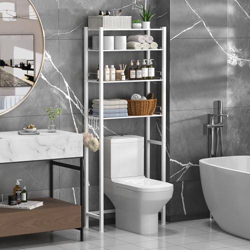 samstar 4 Tier Over The Toilet Storage Rack, Bathroom Organizer Shelves Cabinet Above Toilet, with Adjustable Height Freestanding Shelf Space Saver, White