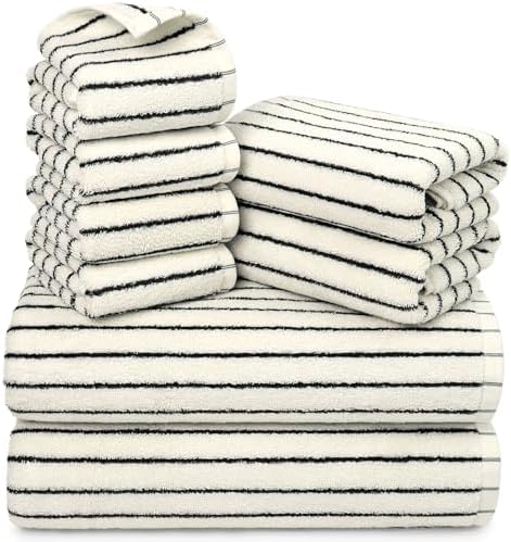 8 Piece Black and Ivory Towel Set, Super Soft & Absorbent Cotton Striped
