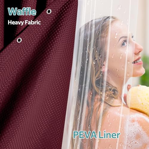Vipfree 3 in 1 Shower Curtain Set, Waffle Shower Curtain and Liner Set with 12 Double Sided Shower Curtain Hooks, 258GSM Luxury Weighted Cloth Shower Curtains for Bathroom, 72 W x 72 H, Burgundy