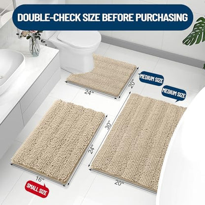 Grandaily Chenille Striped Bathroom Rugs 70x24, Extra Thick and Absorbent Bath Mats, Non-Slip Soft Plush Shaggy Shower Carpet, Machine Wash Dry, Bath Rug for Bathroom, Beige