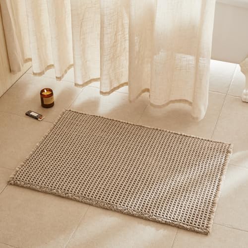 TYUU Waffle Bath Mat, Boho Bathroom Rugs Non Slip, 36x24 Beige