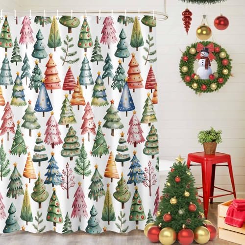 Christmas Tree Shower Curtain Bathroom Set Star Xmas Pine Trees Waterproof Shower Curtains with Grommets Hooks Colorful Cartoon Style Privacy Bath Curtain for Bathtub Decor 72x72in
