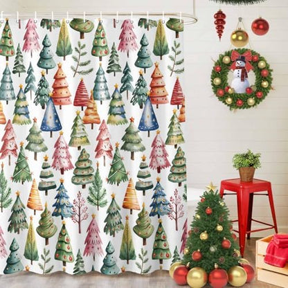 Christmas Tree Shower Curtain Bathroom Set Star Xmas Pine Trees Waterproof Shower Curtains with Grommets Hooks Colorful Cartoon Style Privacy Bath Curtain for Bathtub Decor 72x72in