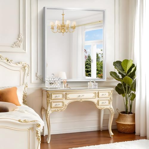 Bathroom Mirror, 42 x 36 Inch Brushed Silver Rectangle Mirror, 0.6" Thickened Deep Metal Frame Rectangular Vanity Mirror, Wall Mounted Mirror for Bedroom Living Room, Horizontal or Vertical