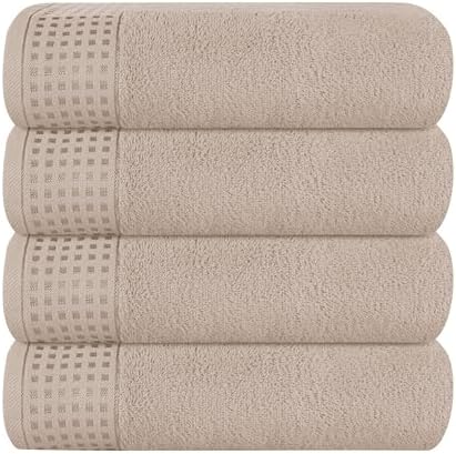 GLAMBURG Ultra Soft 4 Pack Oversized Bath Towel Set 27x54 inches, 100% Cotton Bath Towels, Highly Absorbant Compact Quickdry & Lightweight Towel, Ideal for Gym Travel Camp Pool - Tan