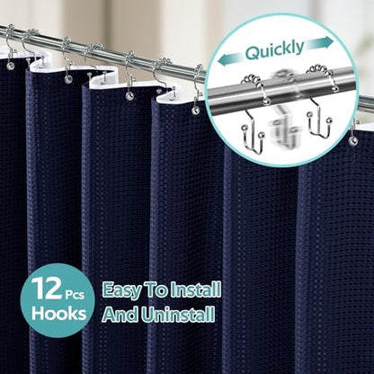 Vipfree 3 in 1 Shower Curtain Set, Waffle Shower Curtain and Liner Set with 12 Double Sided Shower Curtain Hooks, 258GSM Luxury Weighted Cloth Shower Curtains for Bathroom, 72 W x 84 H, Navy Blue