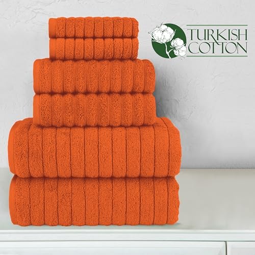 Elegant Comfort 100% Turkish Cotton Corduroy Ribbed Luxury Bath Towels 6-Piece Set, Premium Feel - Quick Dry, Highly Absorbent, Contains 2 Bath Towels, 2 Hand Towels, and 2 Washcloths, Orange