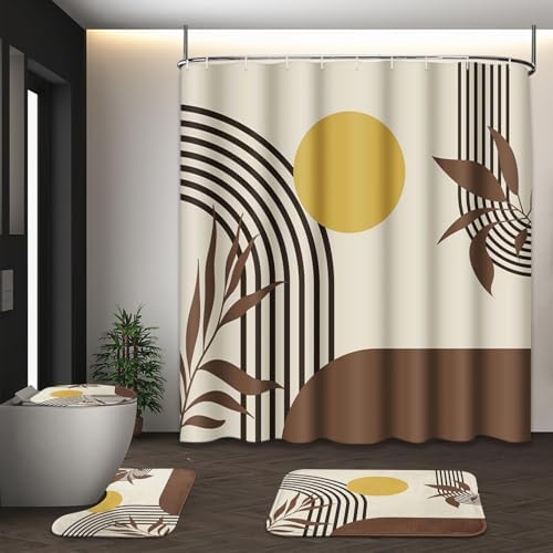 Boho Bathroom Sets with Shower Curtain and Rugs, 4 Pcs, Mid
