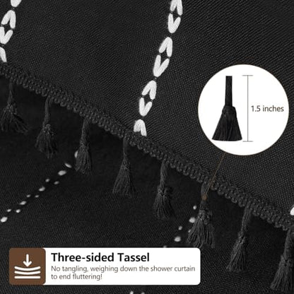 Seenus 72 x 76 inch Extra Long Boho Chic Shower Curtain Heavyweight with Tassels, Soft Linen Textured Fabric Farmhouse Shower Curtain, Elegant Black and White Striped Bathroom Curtain Water Repellent