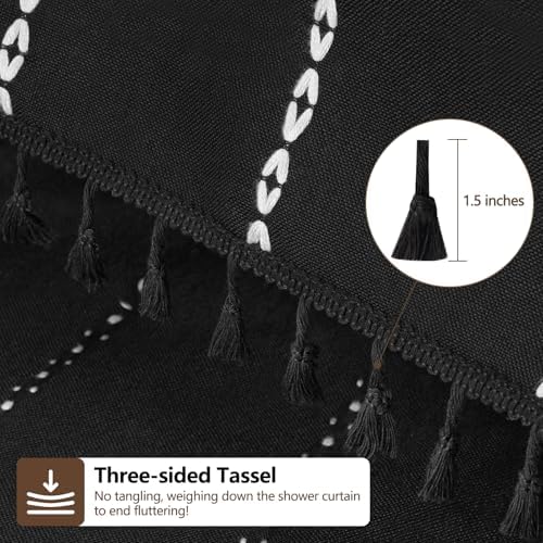 Seenus Country Farmhouse Shower Curtain Heavyweight with Tassels, Soft Linen Textured Thick Fabric Shower Curtain Black White Striped, 72 x 72 Inch Vintage Boho Bathroom Shower Curtain Water Repellent