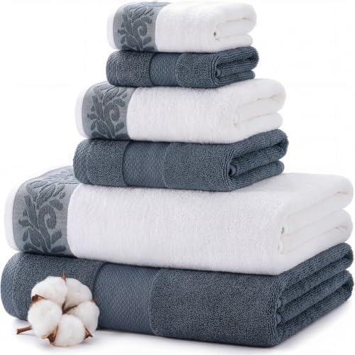 Modern Threads 6 Piece Bath Towel Set – Bathroom Towel Set with 2 Bath Towels, 2 Hand Towels & 2 Washcloths – 100% Cotton, Soft & Absorbent – Jacquard Border (Blue)