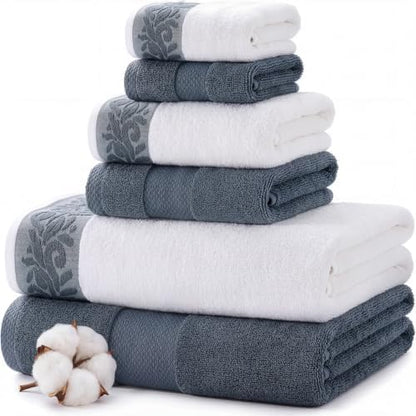 Modern Threads 6 Piece Bath Towel Set – Bathroom Towel Set with 2 Bath Towels, 2 Hand Towels & 2 Washcloths – 100% Cotton, Soft & Absorbent – Jacquard Border (Blue)
