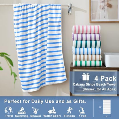 JML Microfiber Bath Towel Sets, 4 Pack, 27" x 55", Cabana Stripe Blue