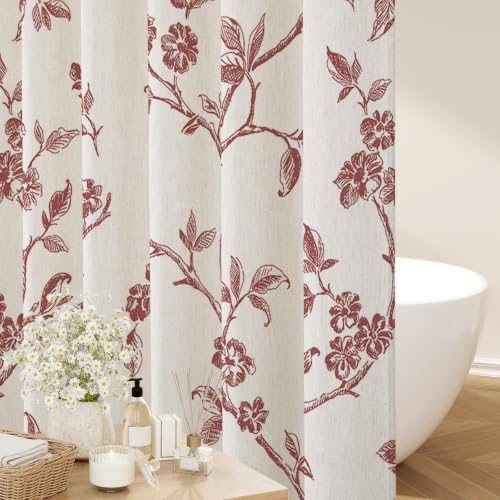 MitoVilla Burgundy Linen Floral Shower Curtain for Bathroom, 72 x 72