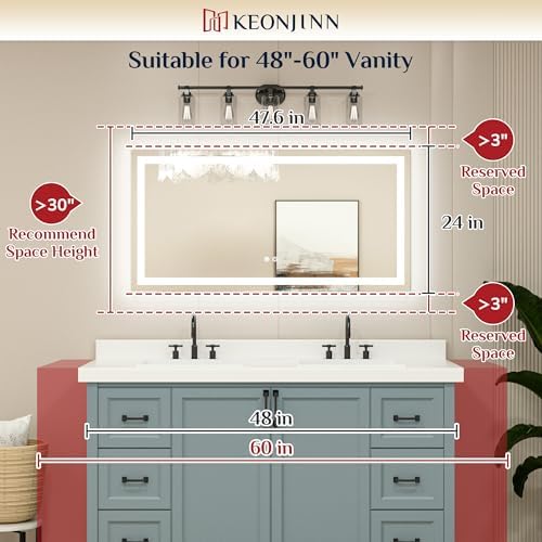 Keonjinn 48x24 Inch LED Bathroom Mirror with Lights, Frontlit & Backlit