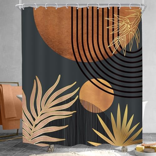 Mid Century Brown Black Boho Abstract Modern Bathroom Shower Curtain Set