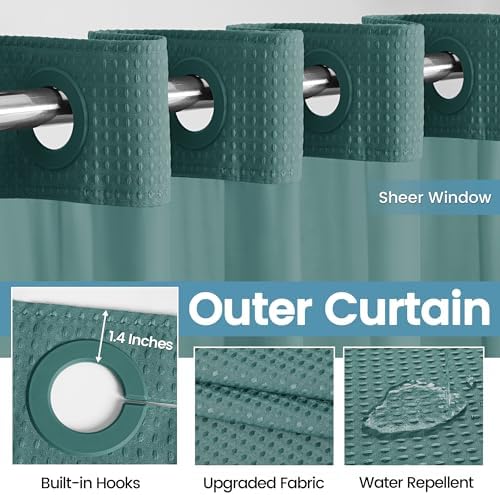 Heavyweight Waffle No Hook Shower Curtain with Liner, Seaweed Green, 71x74