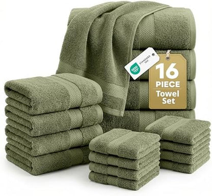LANE LINEN Large Bath Towel Set Absorbent Quick Dry 100% Cotton - Oil Green
