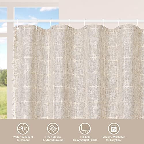 Boho Farmhouse Classic Plaid Linen Tassel Shower Curtain Grey,72x84