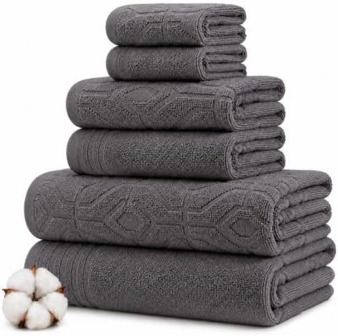 Modern Threads 6 Piece Bath Towel Set – Bathroom Towel Set with 2 Bath Towels, 2 Hand Towels & 2 Washcloths – 100% Cotton, Soft & Absorbent – Geometric (Charcoal)