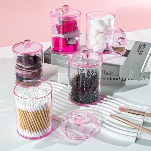 6 Pcs Acrylic Qtip Holder, Cotton Ball Holder Jars with Lids, Pink