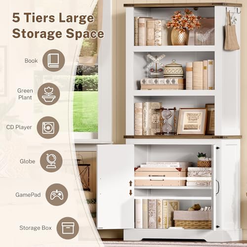 TEENFON 70.9in Tall Storage Cabinet with Adjustable Shelves, Kitchen Pantry Cabinet with 2 Barn Doors, 5 Tiers Farmhouse Bookcase for Living Room, Kitchen, Home Office, Bedroom, White
