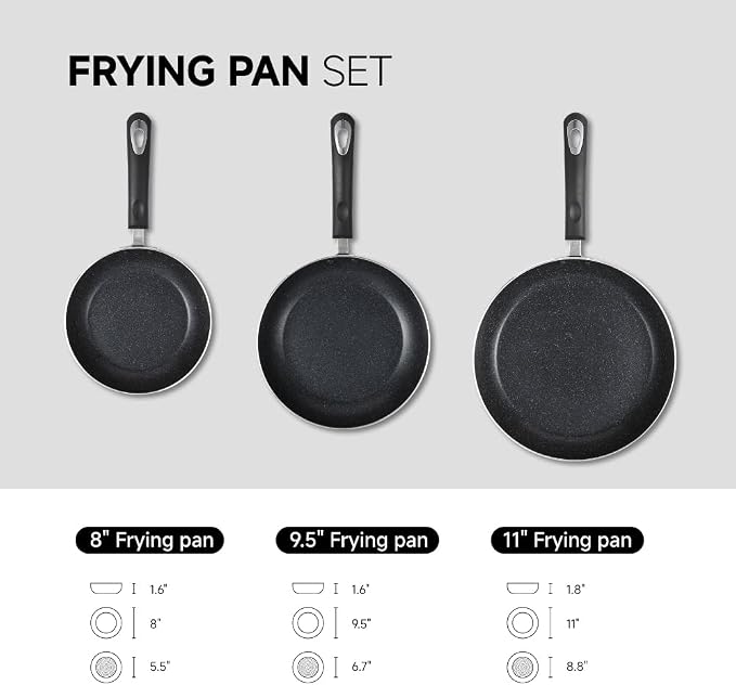 Frying Pan 3-Piece Set, Nonstick Skillet Set for Induction Cooktop, Frying Pan Nonstick 8 Inch+9.5 Inch +11 Inch with Bakelite Handles, PFOA Free(Black)