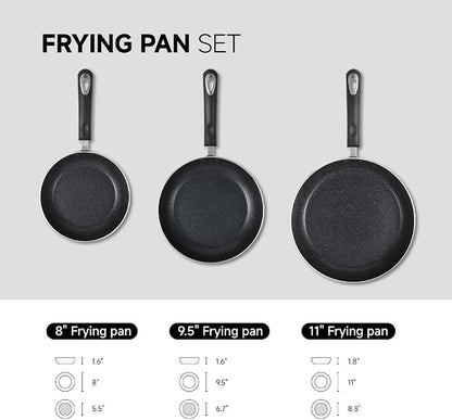 Frying Pan 3-Piece Set, Nonstick Skillet Set for Induction Cooktop, Frying Pan Nonstick 8 Inch+9.5 Inch +11 Inch with Bakelite Handles, PFOA Free(Black)
