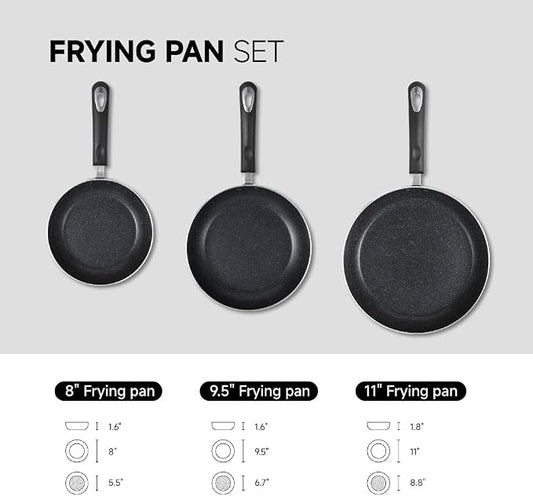 Frying Pan 3-Piece Set, Nonstick Skillet Set for Induction Cooktop, Frying Pan Nonstick 8 Inch+9.5 Inch +11 Inch with Bakelite Handles, PFOA Free(Black)