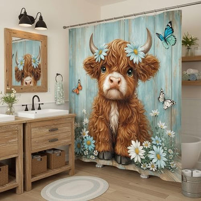 Cute Cow Shower Curtain, Farmhouse Rustic Floral Teal Daisy Funny Highland Cow Shower Curtains for Bathroom, Calf Country Plant Farm Animal Bathroom Decor with Hooks, 70x72 inch