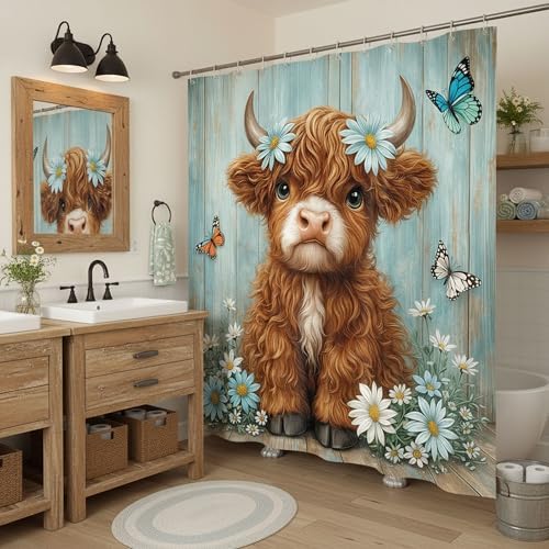 Cute Cow Shower Curtain, Farmhouse Rustic Floral Teal Daisy Funny Highland Cow Shower Curtains for Bathroom, Calf Country Plant Farm Animal Bathroom Decor with Hooks, 54x72 inch