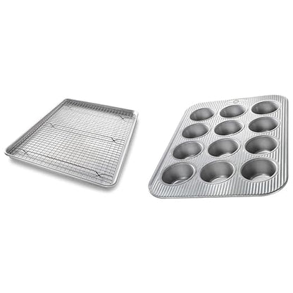 USA Pan 1607CR Bakeware Extra Large Sheet Baking Pan and Bakeable Nonstick Cooling Rack Set, XL, Metal & Bakeware Muffin Pan, 12-Well, Aluminized Steel