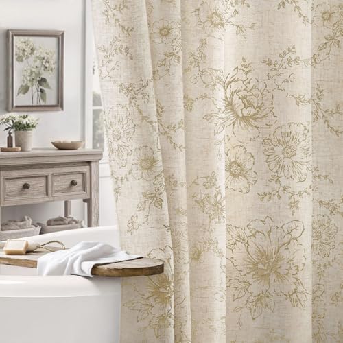 Farmhouse Vintage Linen Shower Curtain for Bathroom, Beige Floral
