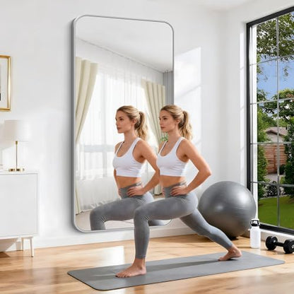 Silver Bathroom Mirror, 72 x 36 Inch Large Rectangle Mirror, Rectangular Vanity Mirror Aluminum Metal Frame, Rounded Corner Wall Mirror for Living Room Bedroom Entryway Horizontal/Vertical