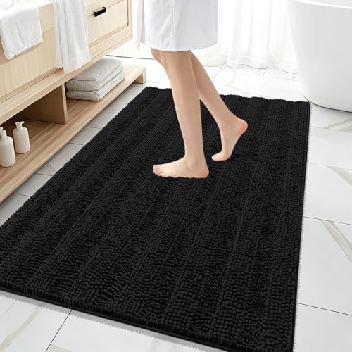 OLANLY Thick Large Bathroom Rugs 59x35, Soft Chenille Bath Rugs, Black