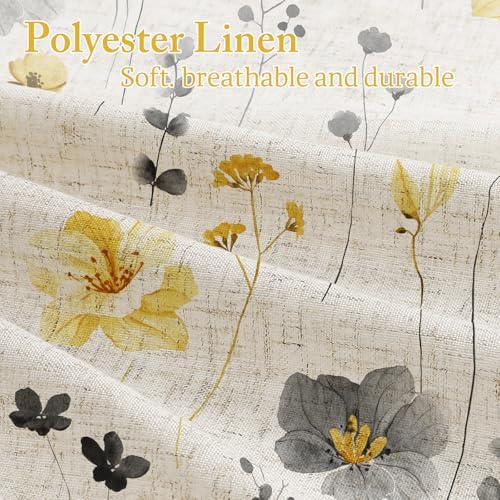 Gibelle Yellow Linen Watercolor Floral Fabric Shower Curtain, 72x72