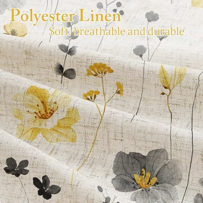 Gibelle Yellow Linen Watercolor Floral Fabric Shower Curtain, 72x72