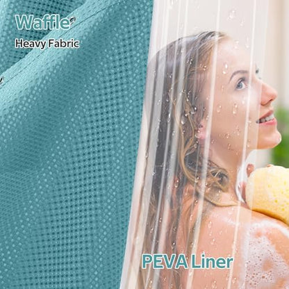 Vipfree 3 in 1 Shower Curtain Set, Waffle Shower Curtain and Liner Set with 12 Double Sided Shower Curtain Hooks, 258GSM Luxury Weighted Cloth Shower Curtains for Bathroom, 72 W x 72 H, Teal