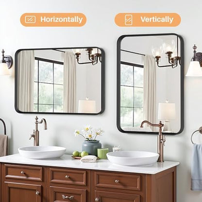Bathroom Mirror for Wall, 30x22 Inch Rounded Rectangle Mirror, Black Metal Framed Bathroom Vanity Mirror for Restroom Farmhouse, Anti-Rust, Tempered Glass, Horizontally or Vertically Hanging