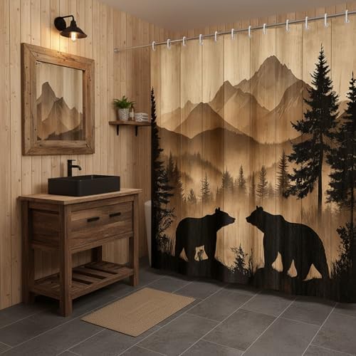 Bear Shower Curtain, Rustic Cabin Forest Shower Curtain Brown Wooden Print Wildlife Country Bath Curtains with Hooks, Hunting Camping Waterproof Polyester Fabric Bathroom Decor Accessories,70X85IN