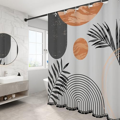 Boho Mid Century Leaf Shower Curtain Set,Arch Sun Design,Minimalistic Leaves Pattern,Waterproof and Luxurious Fabric-12 Hooks(Grey-60" x 72")