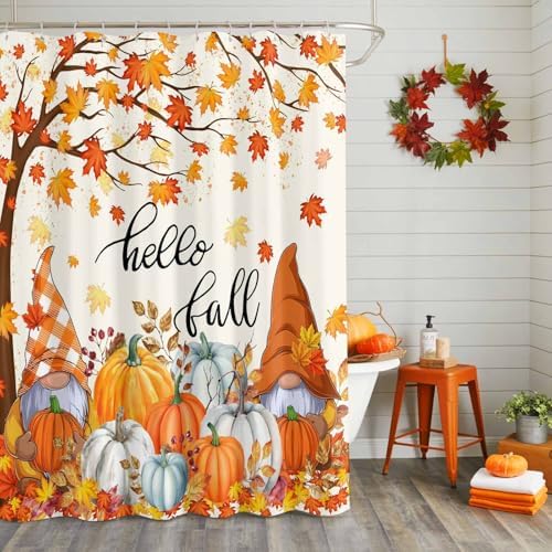 Shower Curtain Bathroom Set Autumn Gnome Orange Maple Tree Waterproof Shower Curtains with Grommets Hooks Thanksgiving Pumpkin Watercolor Privacy Bath Curtain for Bathtub Decor 60x72in