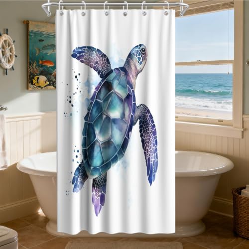 Funny Sea Turtle Shower Curtains Ocean Animal Cartoon Kids Theme Cloth Fabric Bathroom Decor Sets with Hooks Waterproof Washable 36W x 72H inches Teal Purple
