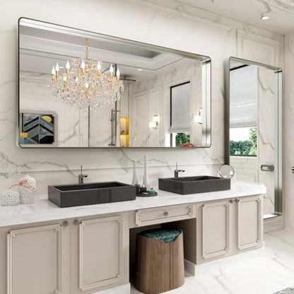 LOAAO 72X36 Inch Brushed Nickel Bathroom Mirror, Rounded Rectangle Silver Metal Frame Mirror, Brushed Nickel, Anti-Rust, Shatter Proof, Hangs Horizontally or Vertically