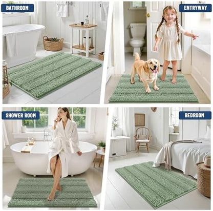 Grandaily Chenille Striped Bathroom Rugs 44x24, Extra Thick and Soft Absorbent Bath Mats, Rubber Backing, Plush Shaggy Shower Carpet, Machine Wash Dry, Bath Rug for Bathroom, Grayish Green