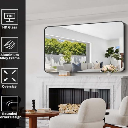 Bathroom Mirror, 30"x55" Black Rectangle Wall Mirror, Metal Frame Rounded Corner Vanity Mirror, Large Wall Mounted Mirror for Modern Bedroom Living Room Horizontal Or Vertical Mounting