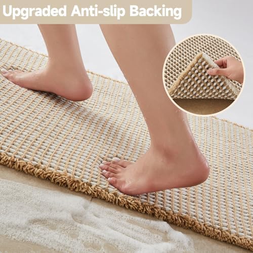 TYUU Waffle Runner Rug Bathroom, Long Boho Bath Mat, 60x24 Khaki & White