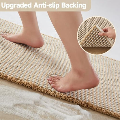 TYUU Waffle Runner Rug Bathroom, Long Boho Bath Mat, 60x24 Khaki & White