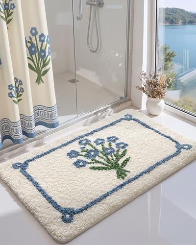 DEXI Floral Bathroom Rugs 36x24, Vintage Blue Bouquet Bath Mat Non Slip