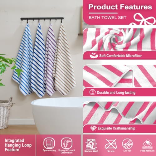 JML Microfiber Beach Towels, 4 Pack, 30" x 60", Stripe Pink White